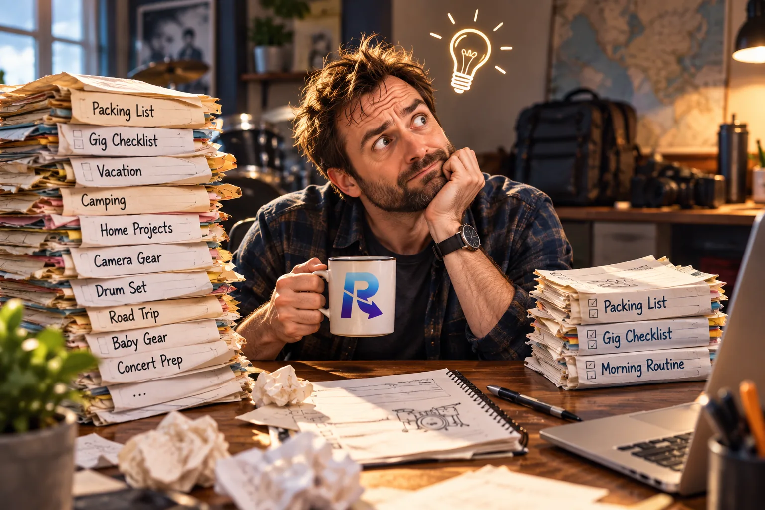 A desk with a towering stack of a dozen named checklists on one side, and a tidy stack of three on the other: Packing List, Gig Checklist, Morning Routine.