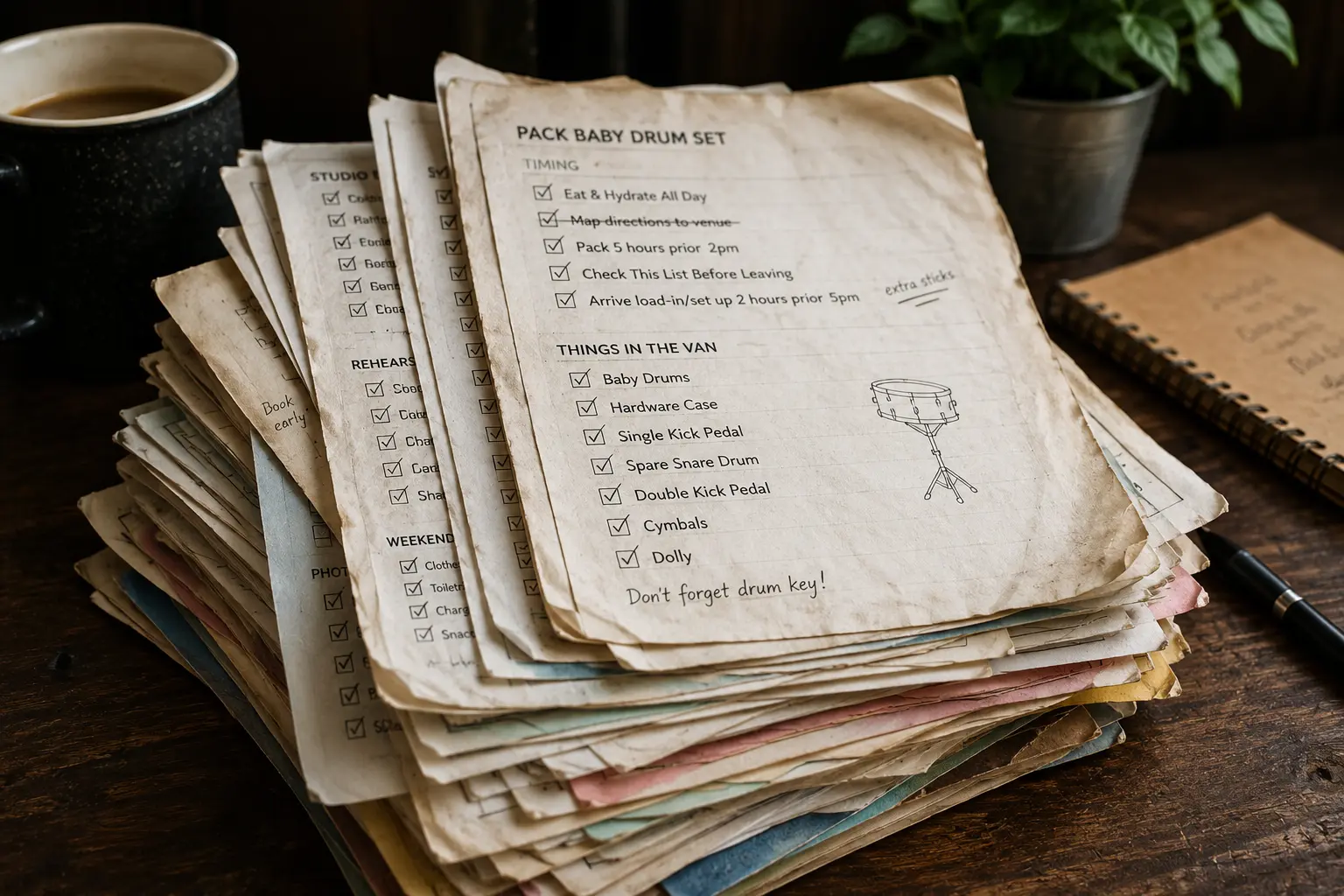 A stack of well-worn paper checklists on a desk.