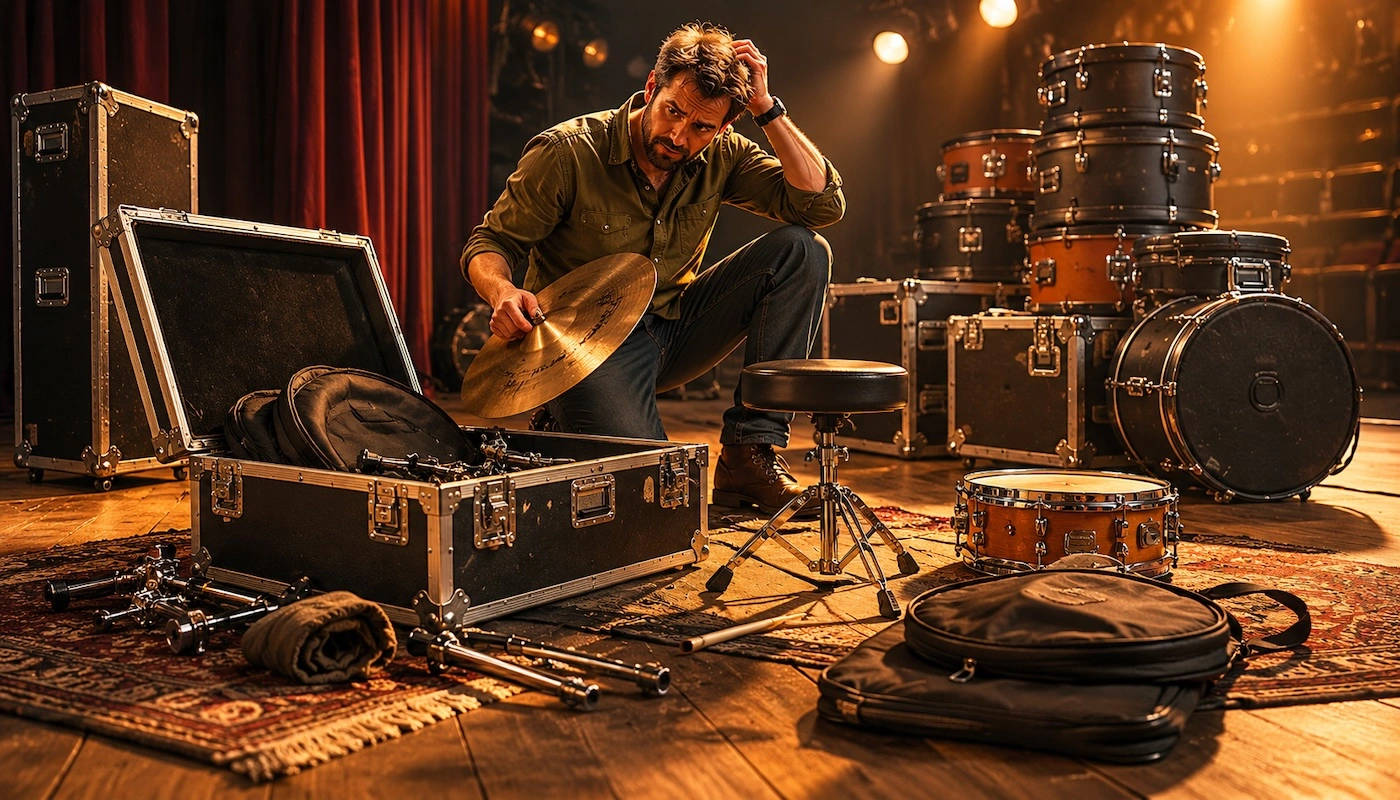 A drummer sitting amid packed drum cases on stage, looking like he just realized something is missing.
