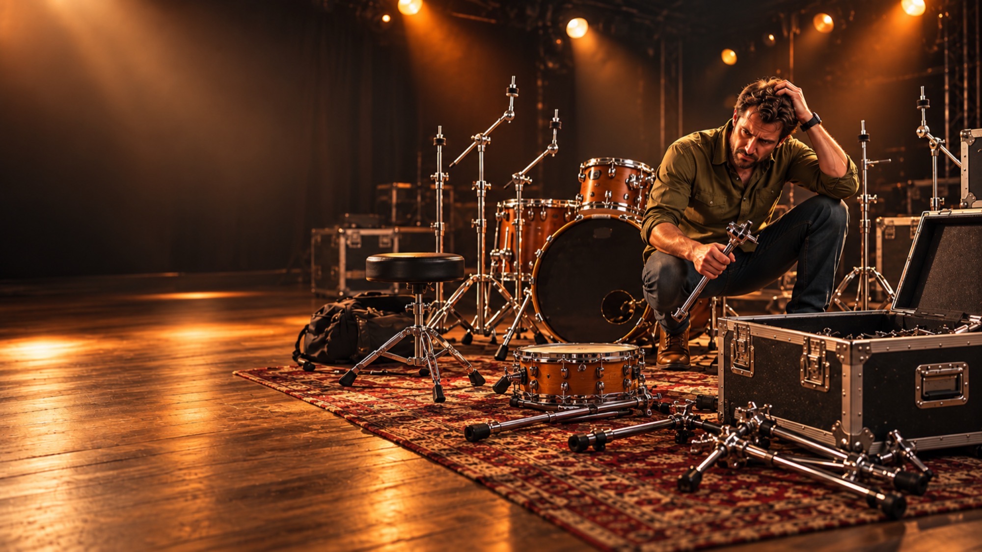 A drummer crouched on a dim stage beside cymbal stands with no cymbals on them, an open flight case and loose hardware, holding one stand and scratching his head.