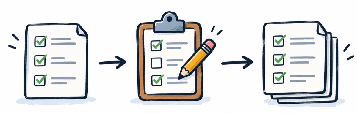 Three steps: a finished checklist, the same checklist being revised with a pencil, then a stack of checklists.